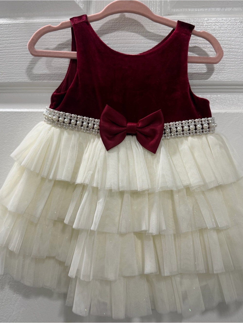 American Princess Burgundy and Ivory Pearl Bow Layered Tulle Dress